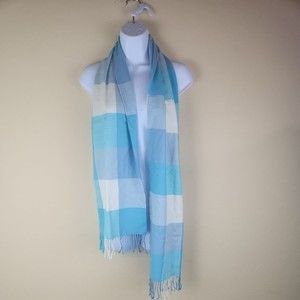 Womens Soft Cotton Scarf Baby‎ Blue Plaid Fringe 12"×72" Feels Like Cashmere